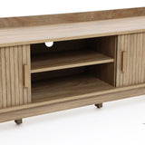 Mid-Century Modern Tambour-Style 2-Door 63-Inch Wide TV Stand with Tray Top, Oak - LuxenHome