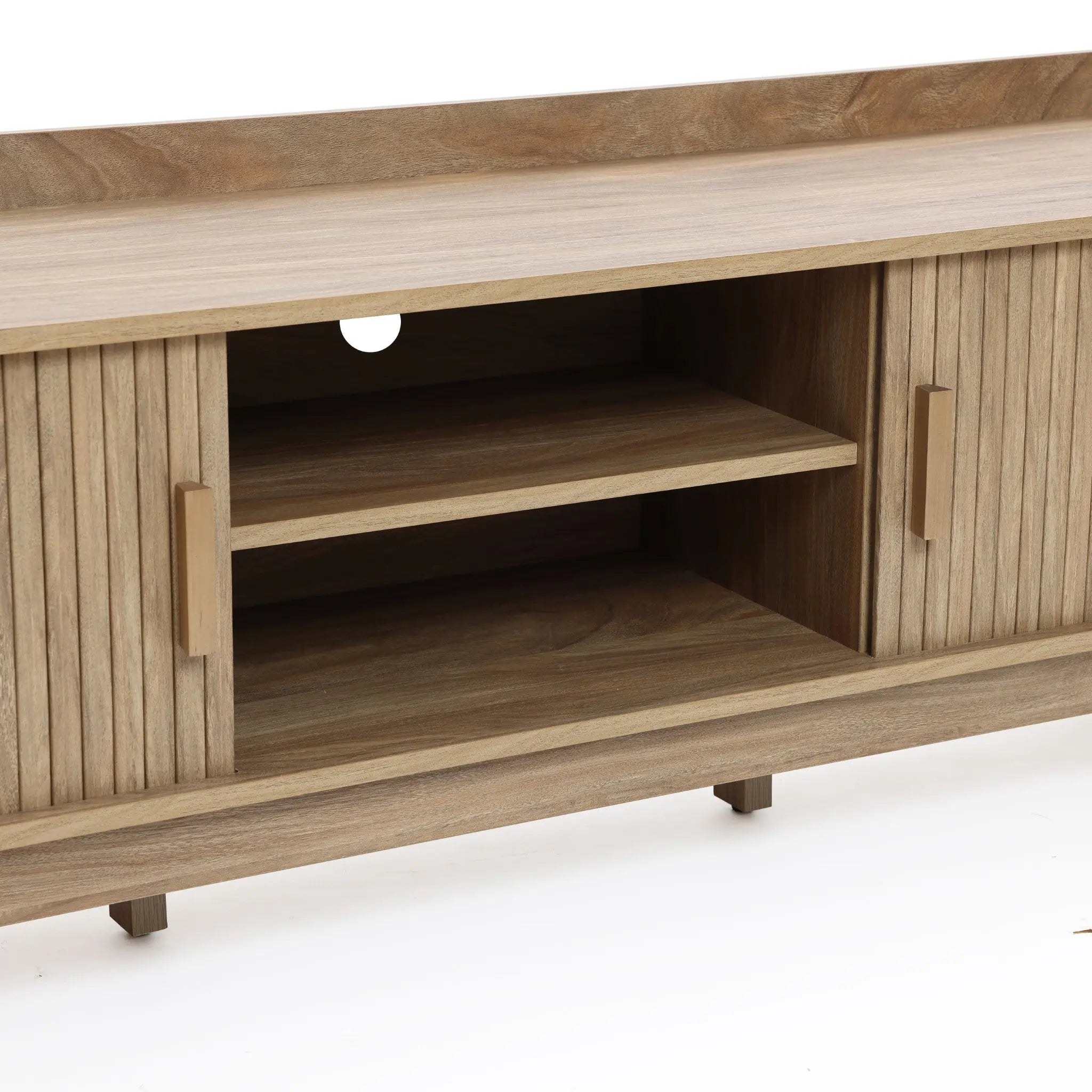 Mid-Century Modern Tambour-Style 2-Door 63-Inch Wide TV Stand with Tray Top, Oak - LuxenHome