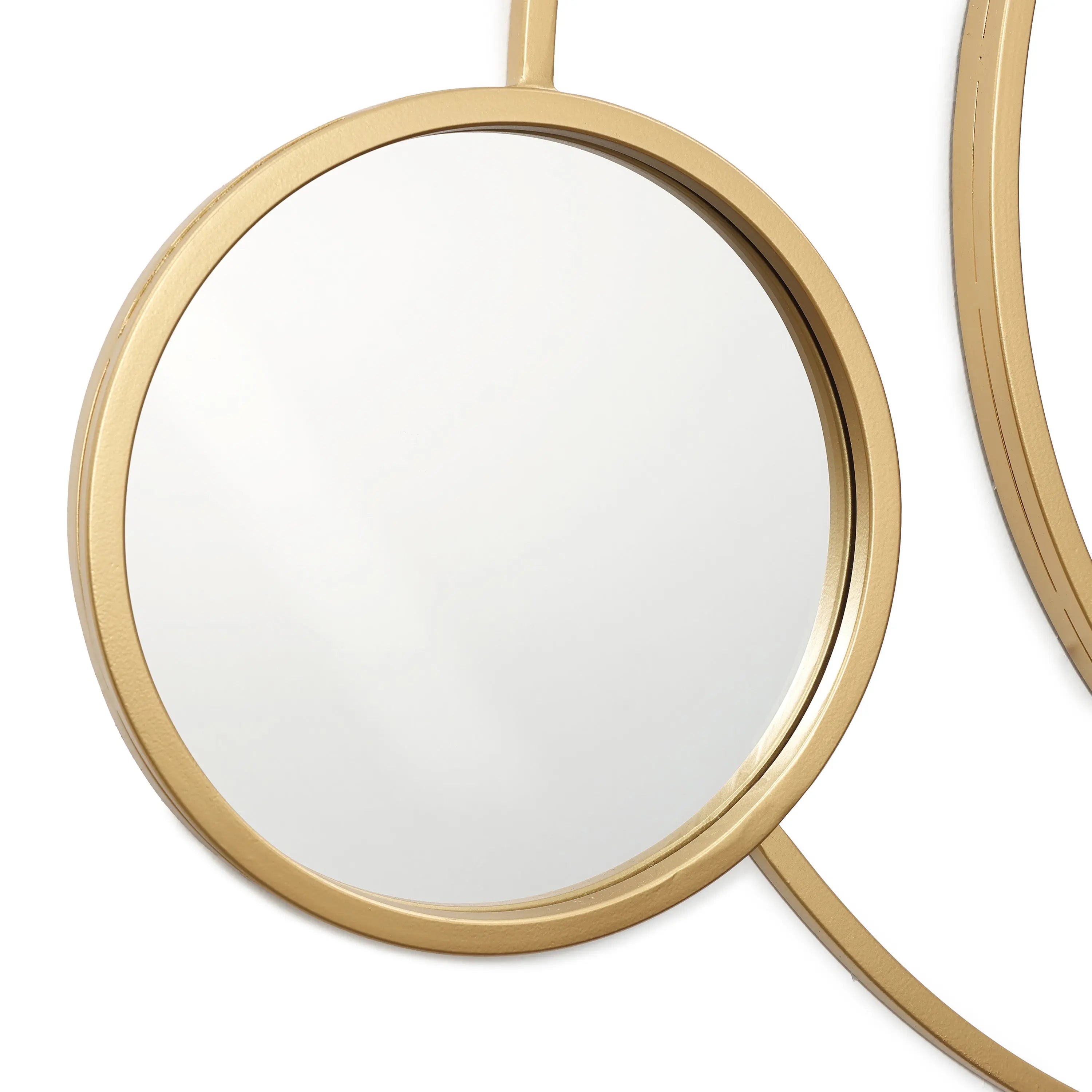 Wall mirror featuring a round design with a gold-colored frame, exuding modern elegance through its intersecting pattern.