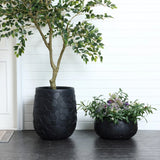 A tall potted tree in a LuxenHome black beehive pattern round tabletop planter, 17.5 wide, stands beside a shorter plant in a smaller matching pot. The scene is set against a white panel wall and door segment, with gray tiled flooring enhancing its durable charm.