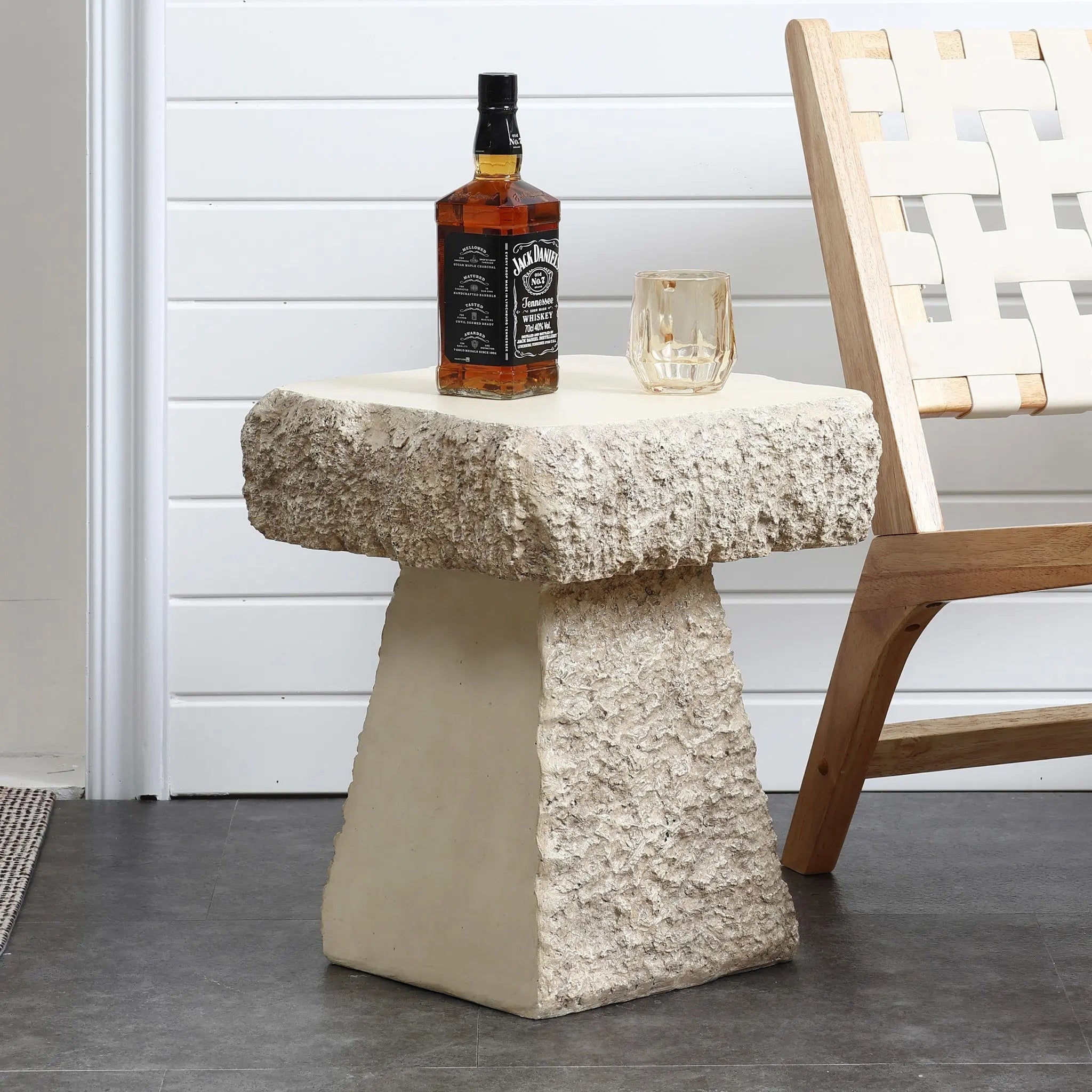 Rock textured cement outdoor side table - LuxenHome