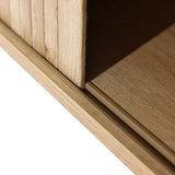 Close-up of a wooden corner on an oak TV stand, showcasing interlocking panels with a natural grain pattern and tambour doors, perfect for supporting a 65-inch TV.