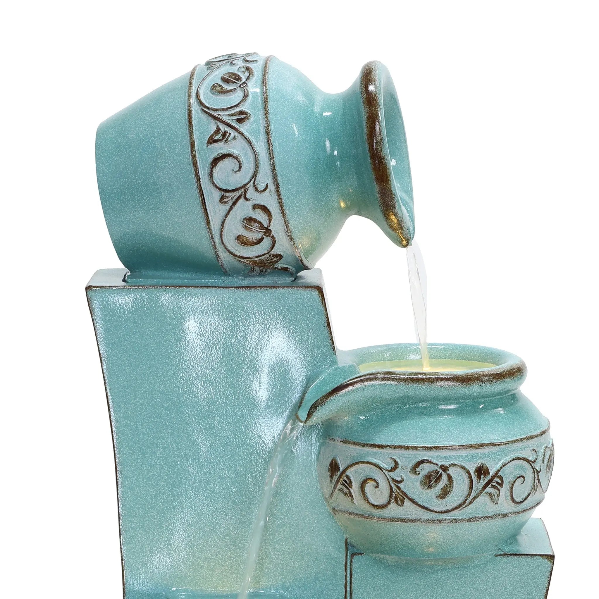 Light blue 4-tier ornate jugs polyresin outdoor water fountain with lights - LuxenHome