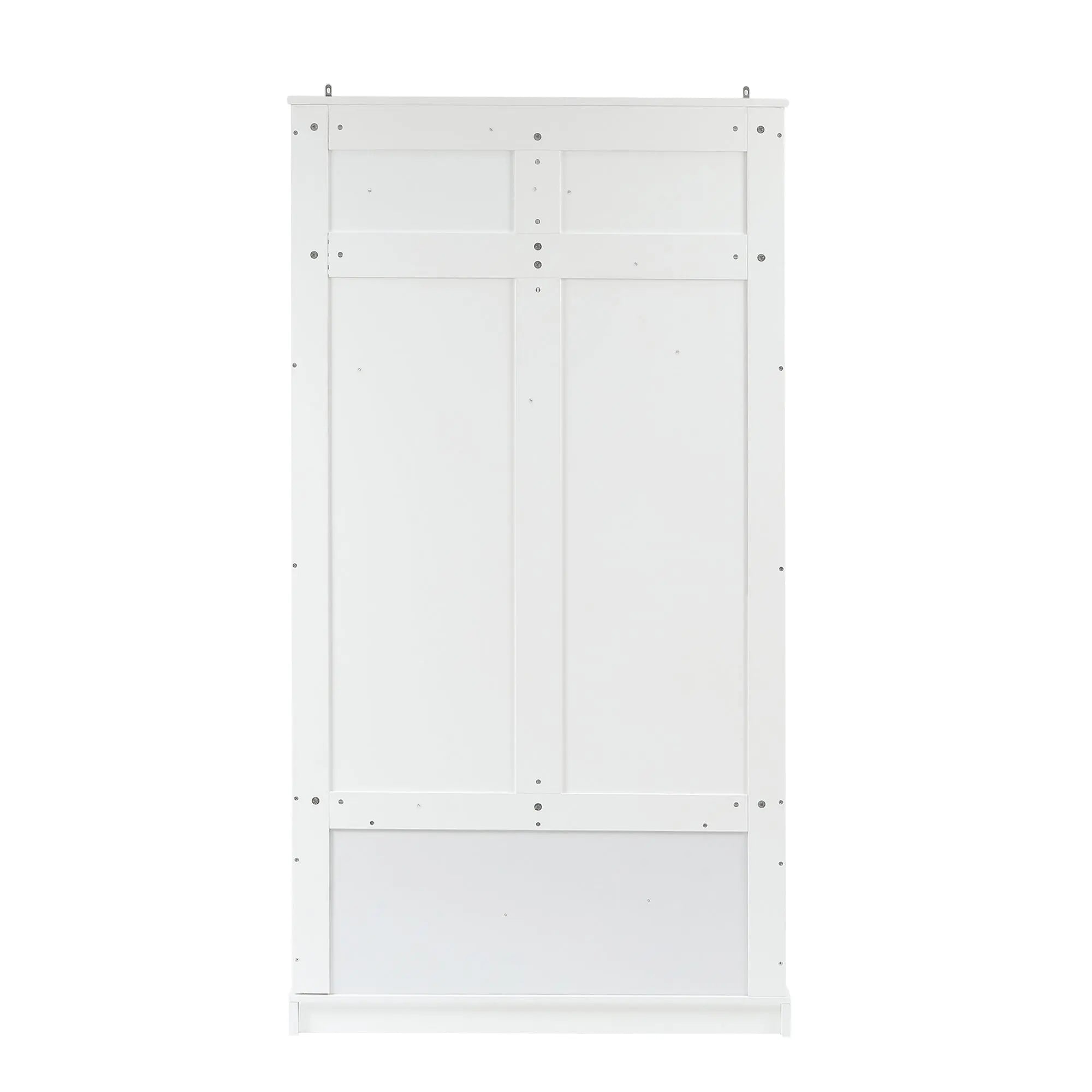 A white, rectangular wooden panel with visible screws and two large vertical sections, possibly part of a hall tree or cabinet door.