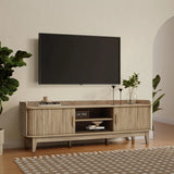 Mid-Century Modern Tambour-Style 2-Door 63-Inch Wide TV Stand with Tray Top, Oak - LuxenHome