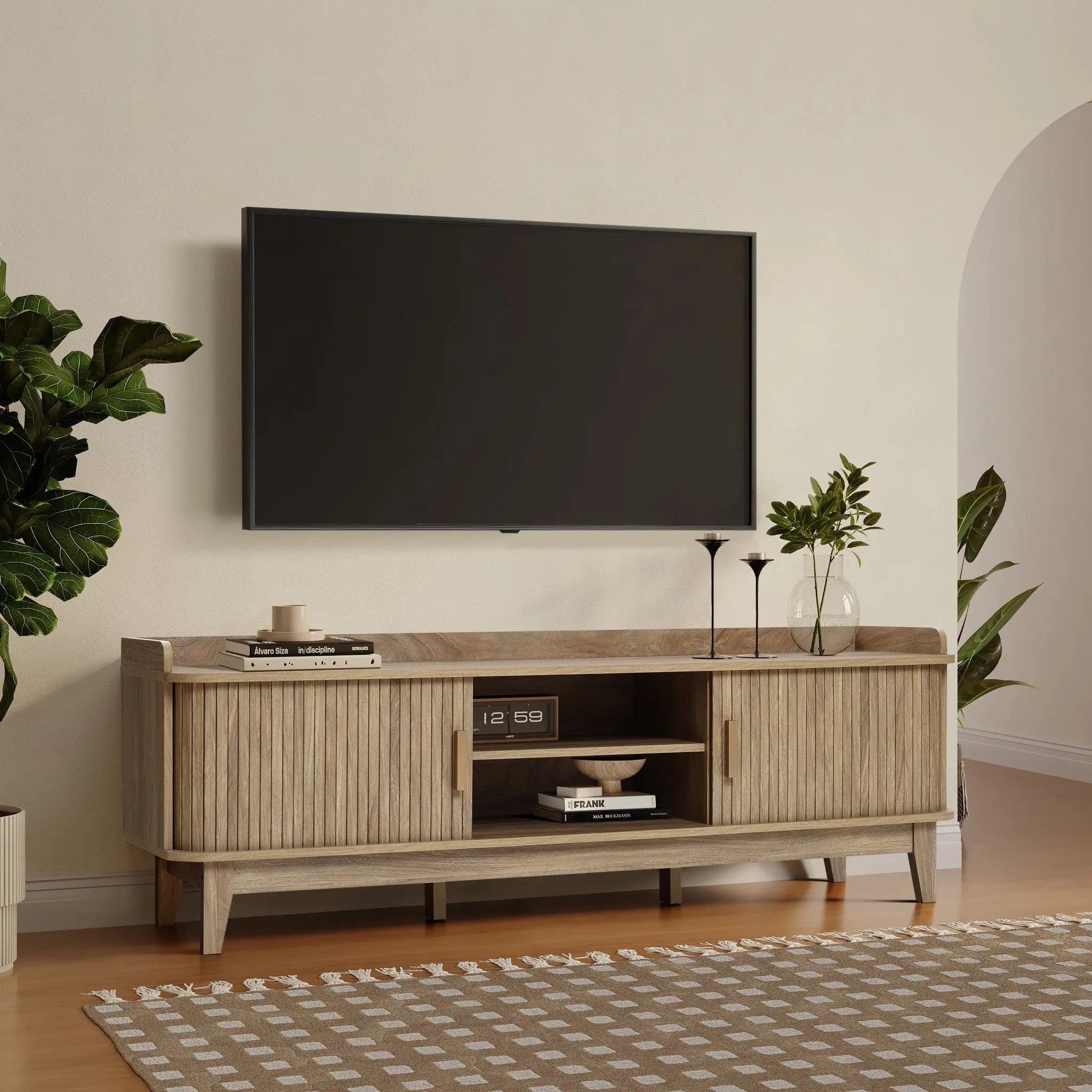 Mid-Century Modern Tambour-Style 2-Door 63-Inch Wide TV Stand with Tray Top, Oak - LuxenHome