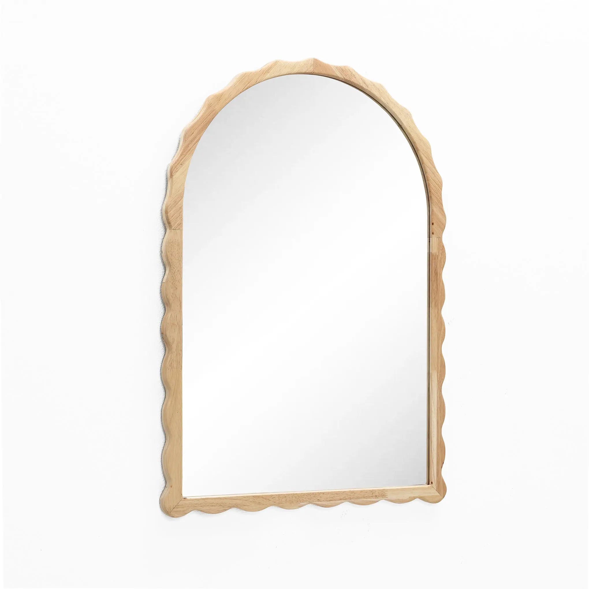 The 34-inch Arch Mirror features a stunning scalloped edge framing crafted from durable rubberwood, all set against a pristine white background.