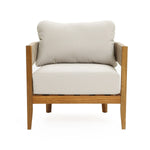 An Outdoor Acacia Wood Armchair with rope sides, featuring a light beige weather-resistant cushion and backrest, viewed from the front against a plain white background.