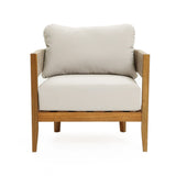 An Outdoor Acacia Wood Armchair with rope sides, featuring a light beige weather-resistant cushion and backrest, viewed from the front against a plain white background.
