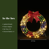 This delightful 24-inch holiday wreath features multicolor LED lights and a festive red bow. Perfect as an outdoor holiday decoration, it comes complete with a power adapter, 10 zip ties, and 4 ground stakes for easy setup.