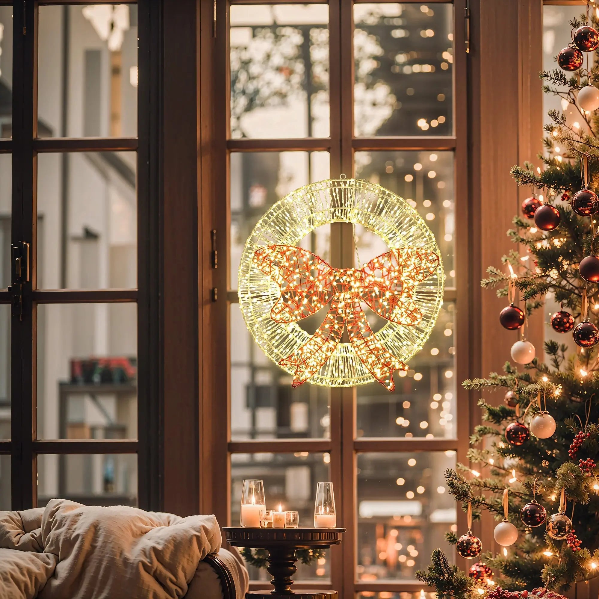 Light wreath and red bowtie, with timer light - LuxenHome