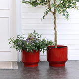 Two burgundy red glazed round ceramic planters from LuxenHome are on a dark floor. The left holds assorted green foliage with small purple and white flowers, while the right has a small tree. Both feature vertical stripes, set against a white wall and door backdrop with a partially visible doormat.
