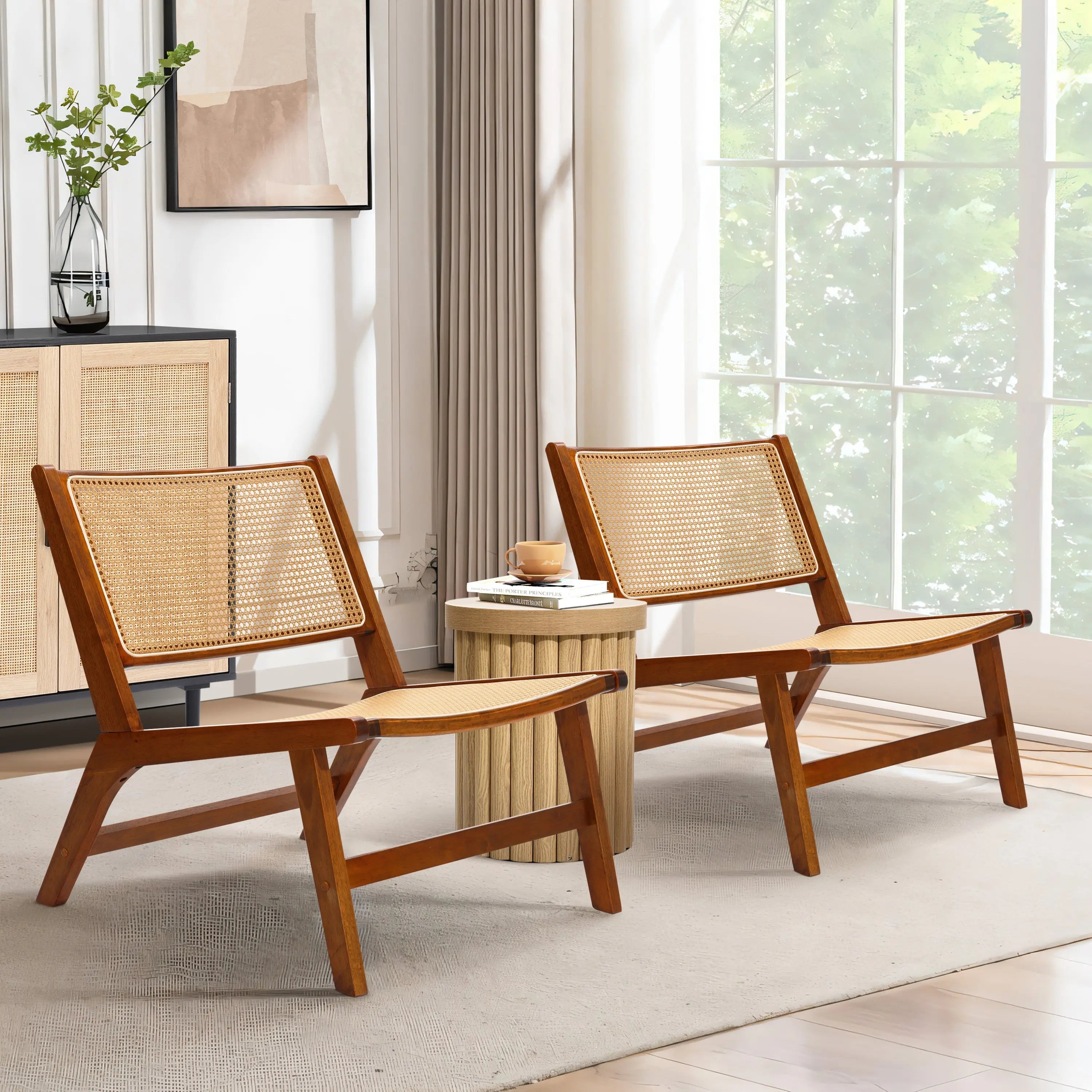 bamford accent chair set of 2 with maddison fluted end table in the middle and azhar accent cabinet on the back in a living room set up