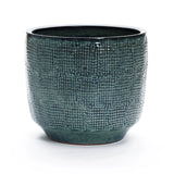 The LuxenHome Marina gray glazed round ceramic planter, standing at 13.98 inches, features an elegant textured design with a smooth rim and a modern cylindrical shape against a plain white background, enhancing its striking contemporary look.