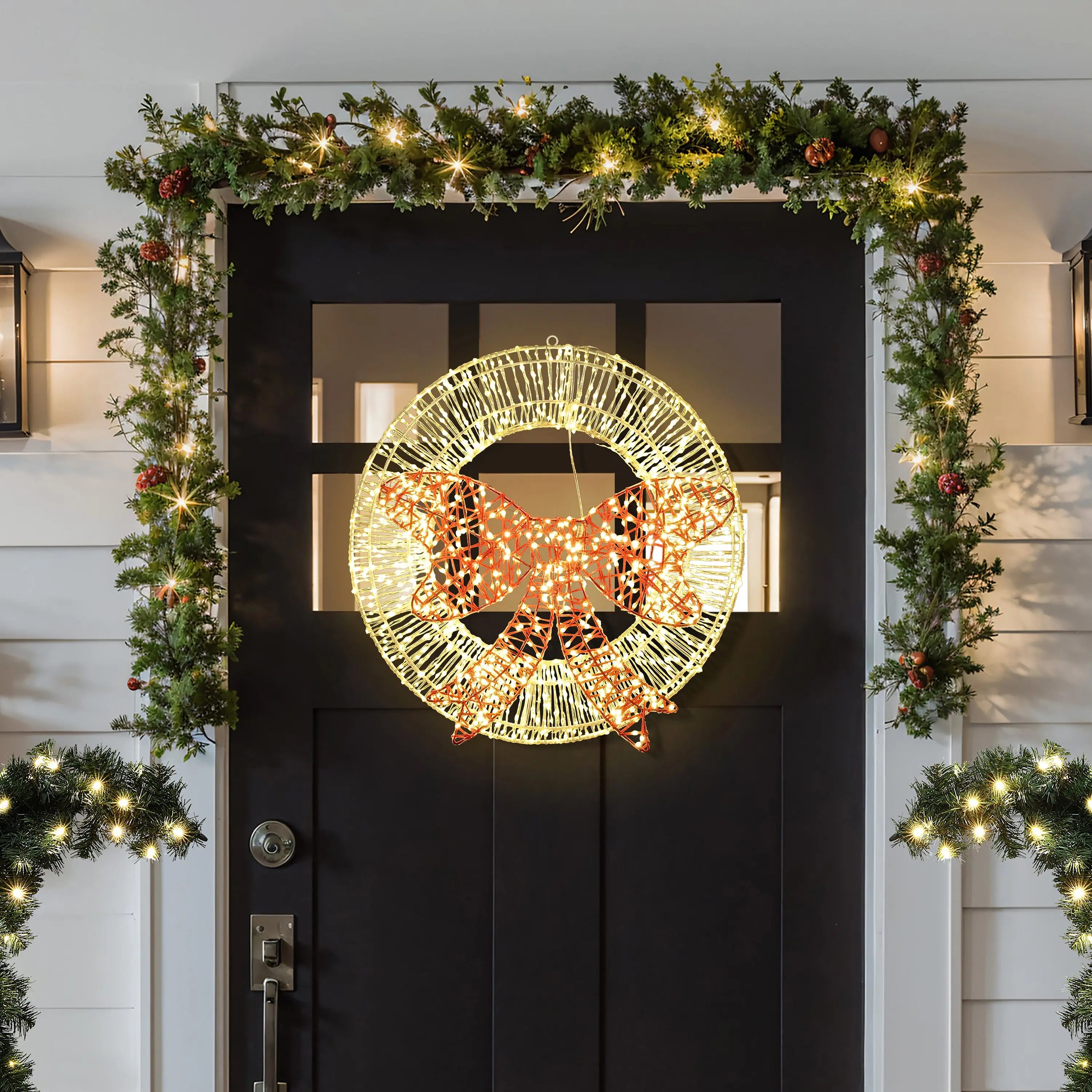 Light wreath and red bowtie, with timer light - LuxenHome