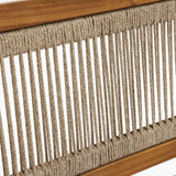 Close-up of a woven rope pattern on the backrest of this minimalist design chair, featuring vertical rows of tightly knotted natural-colored cord crafted from FSC-certified Acacia wood.