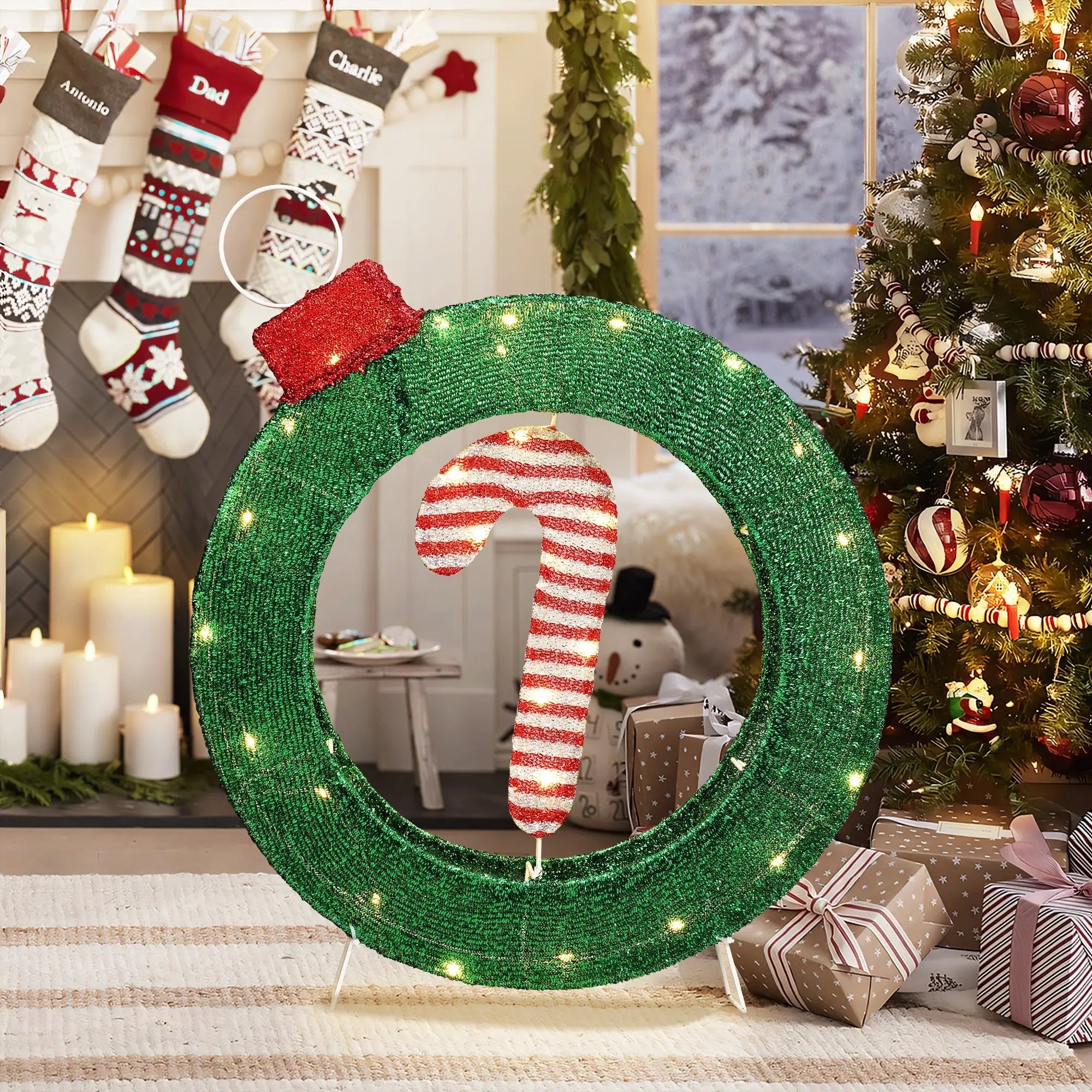 Candy cane lighted wreath outdoor christmas decoration, 1.9 ft tall - LuxenHome