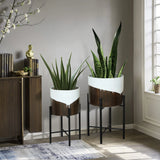 Two tall indoor plants in modern two-toned metal cachepot planters on stands, placed near a cabinet with books and a decorative statue, create a unique dynamic visual effect in the sunlit room.