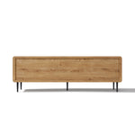 Modern TV stand featuring a rectangular wooden sideboard with a smooth front panel and six slim black metal legs.