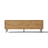 Modern TV stand featuring a rectangular wooden sideboard with a smooth front panel and six slim black metal legs.