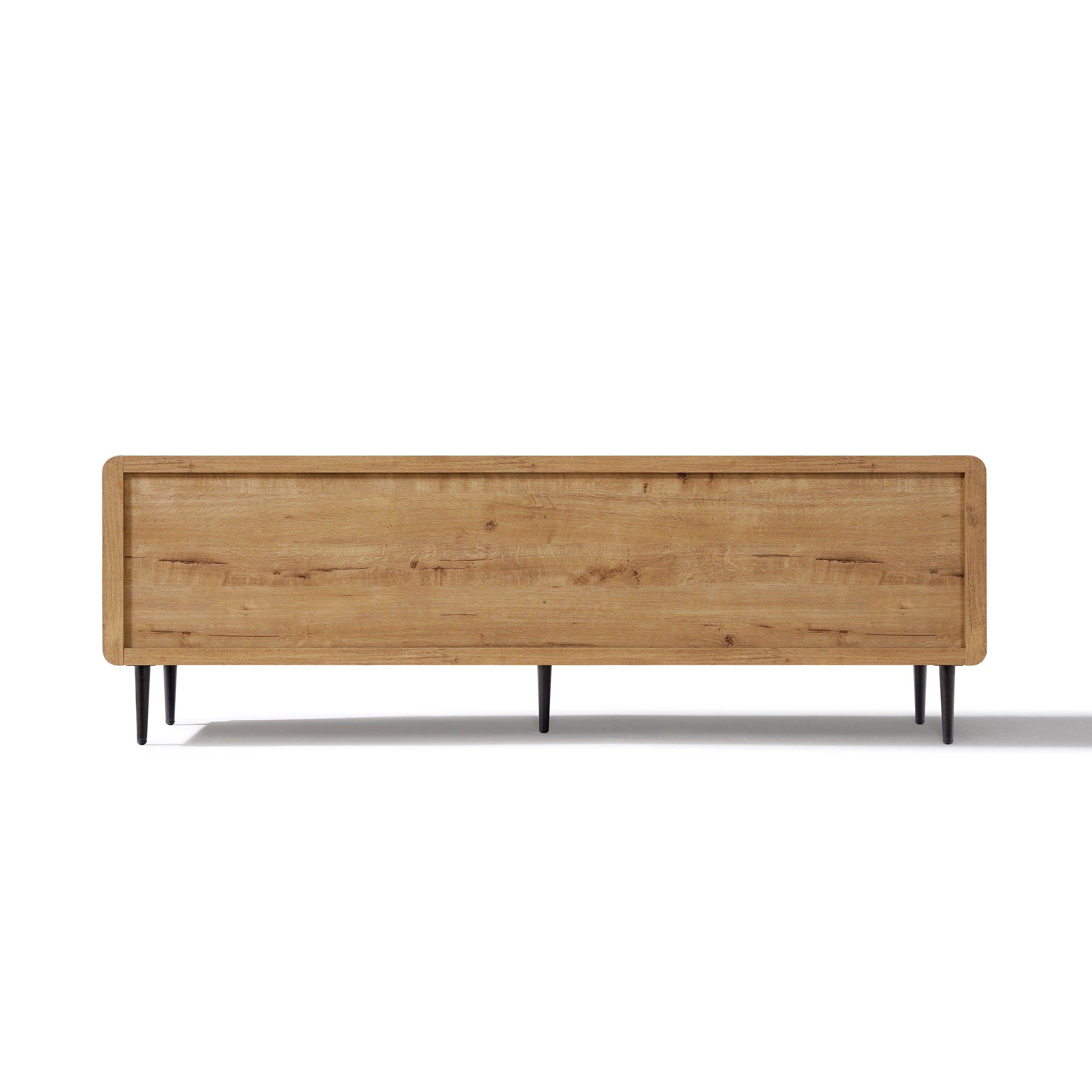 Modern TV stand featuring a rectangular wooden sideboard with a smooth front panel and six slim black metal legs.