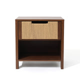 Walnut wood cabinet, 2 woven-style drawers, 1 woven-style door on the left, an open shelf in the upper right corne.