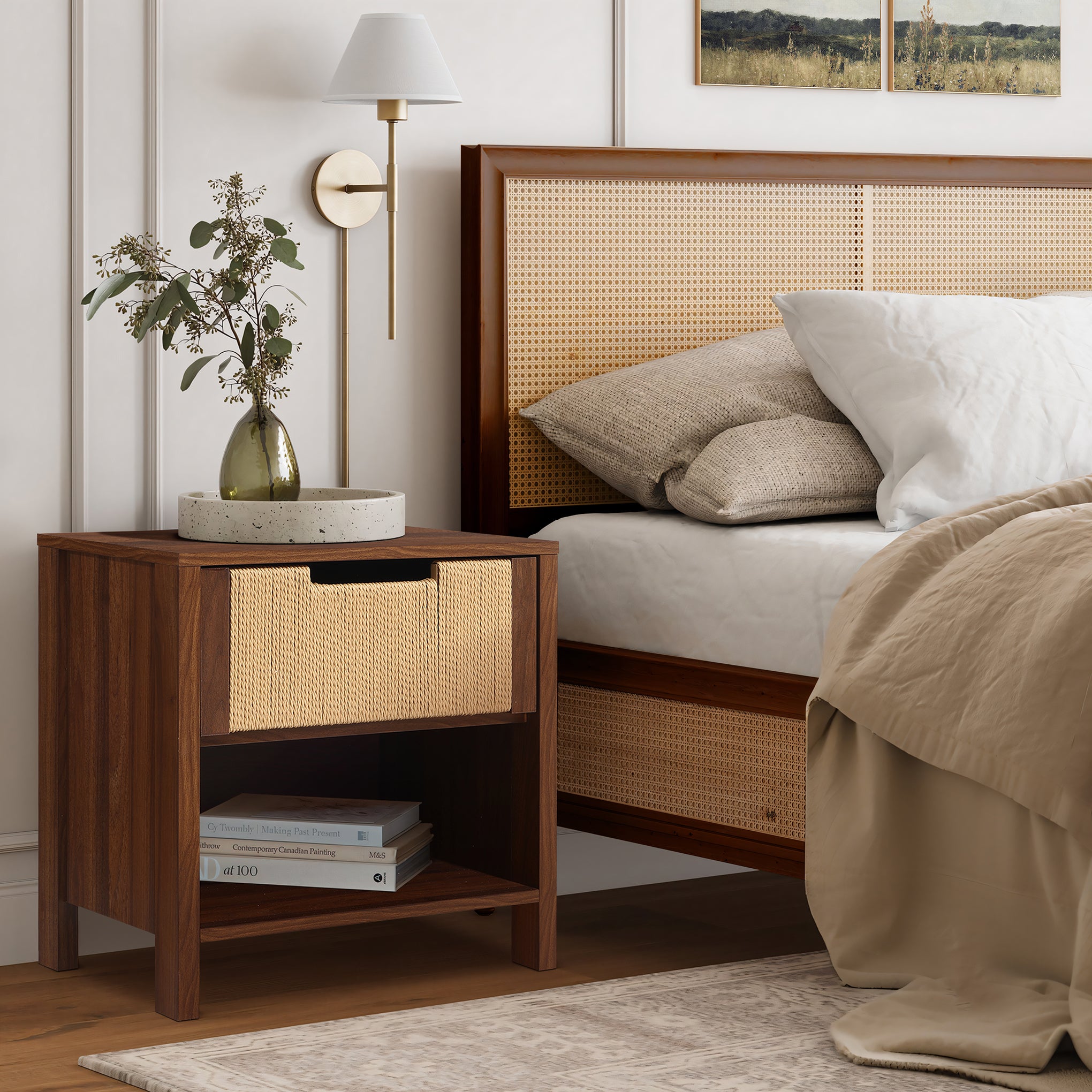 End table nightstand with a drawer and open shelf, with a woven headboard in this neatly arranged.