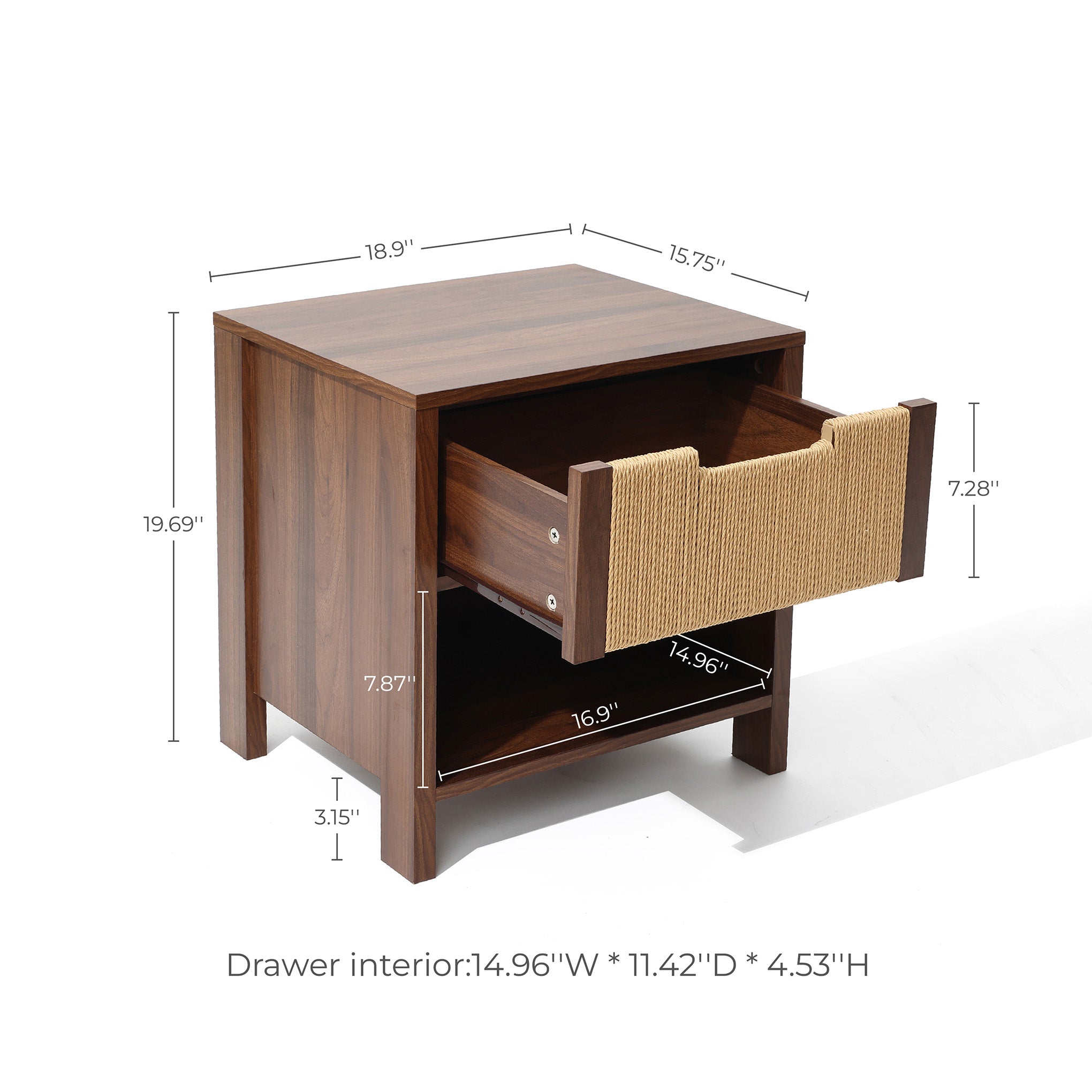 A end table nightstand features a rope-handled drawer partially open.