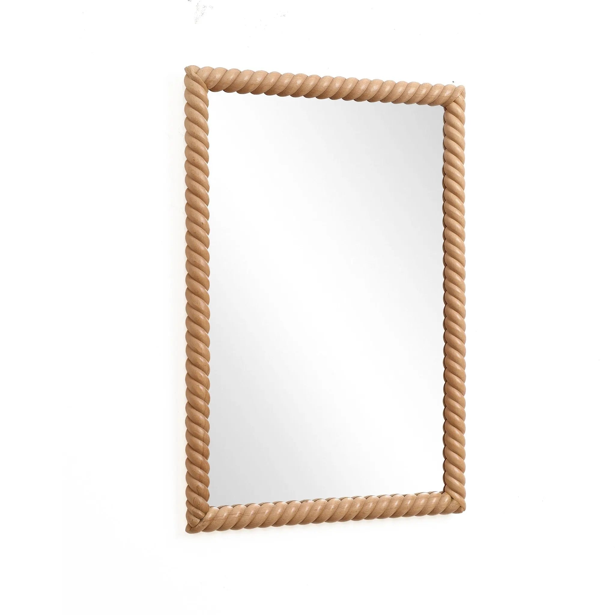 This elegant decorative wall mirror features a twisted rope-style frame crafted from natural beech wood, hanging gracefully on a plain white wall.