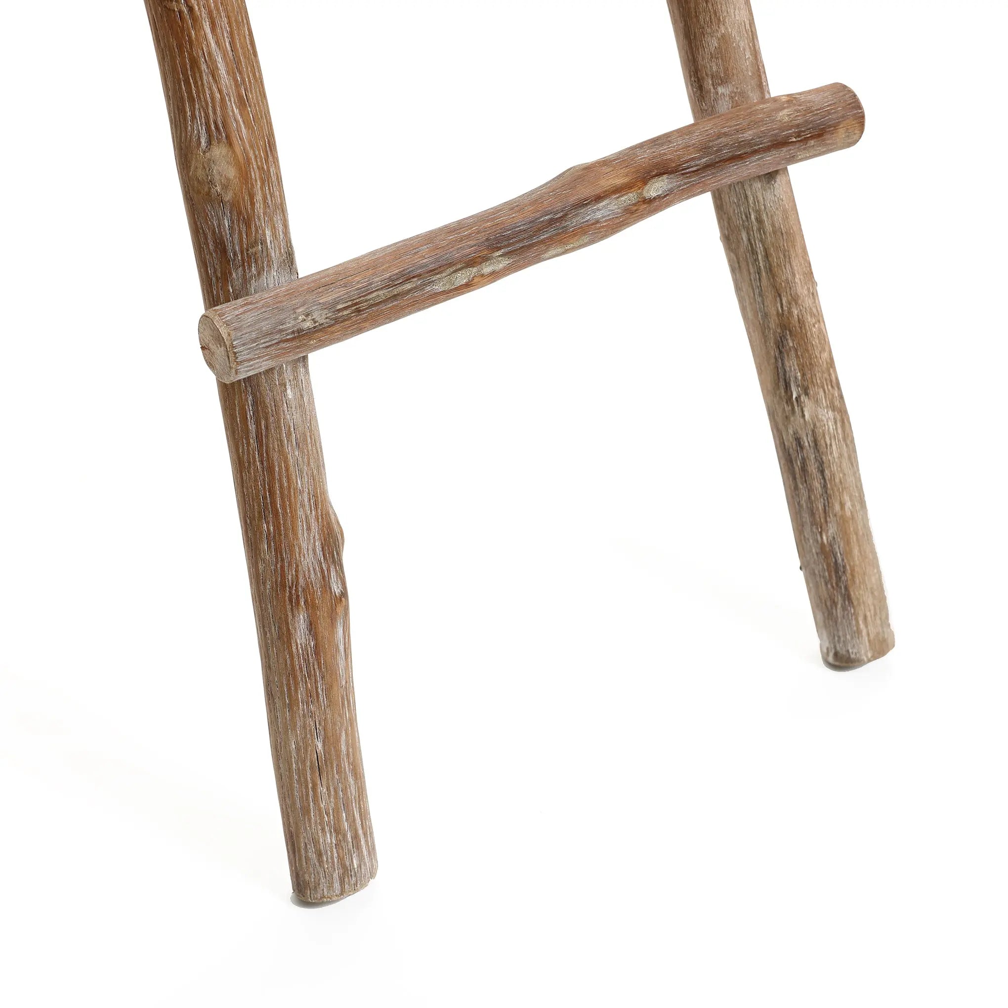 Close-up of a solid wood blanket ladder leg with two round rungs against a white background, capturing its rustic charm.