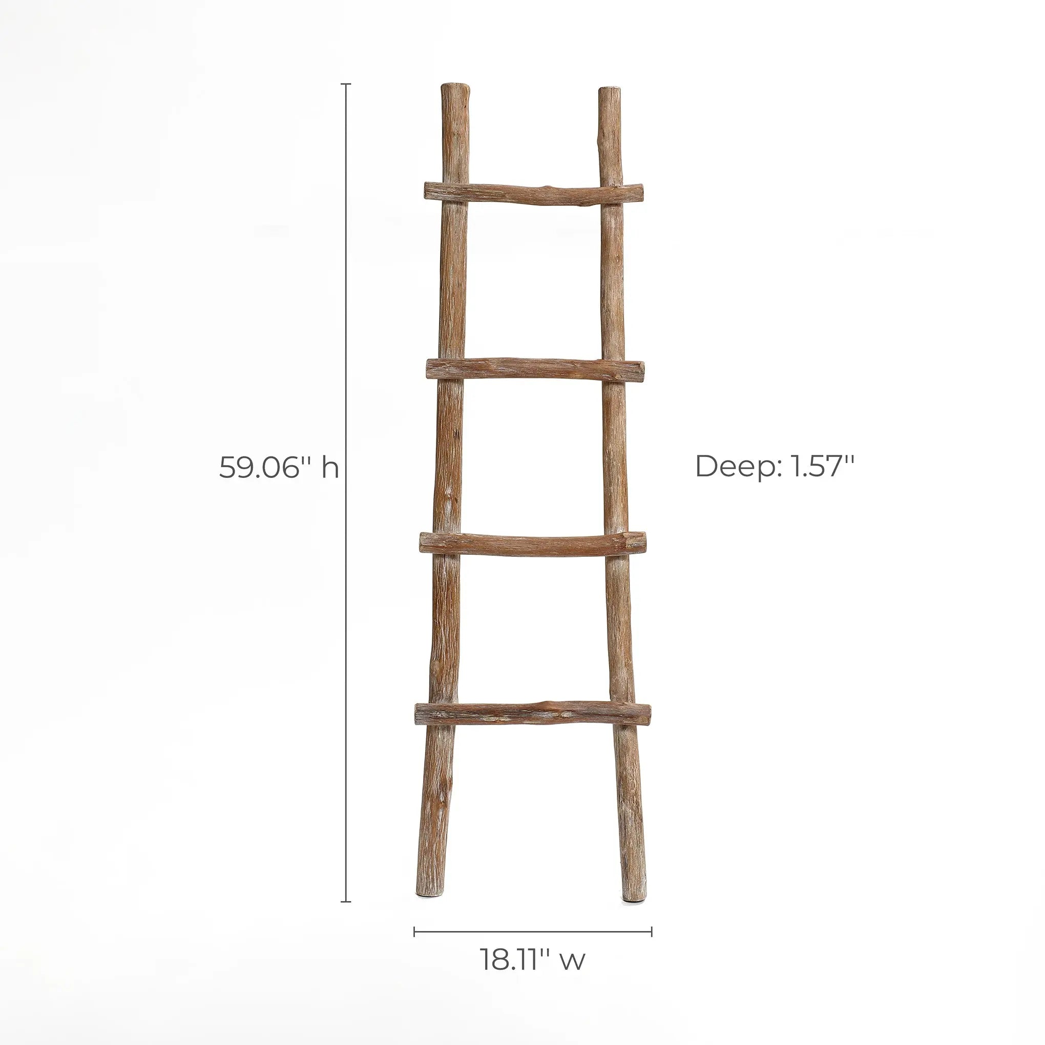 Solid wood blanket ladder with five rungs beautifully combines rustic charm and modern functionality. Measuring 59.06 inches high, 18.11 inches wide, and 1.57 inches deep, it will add character to any space while offering practical storage for your favorite throws or linens.