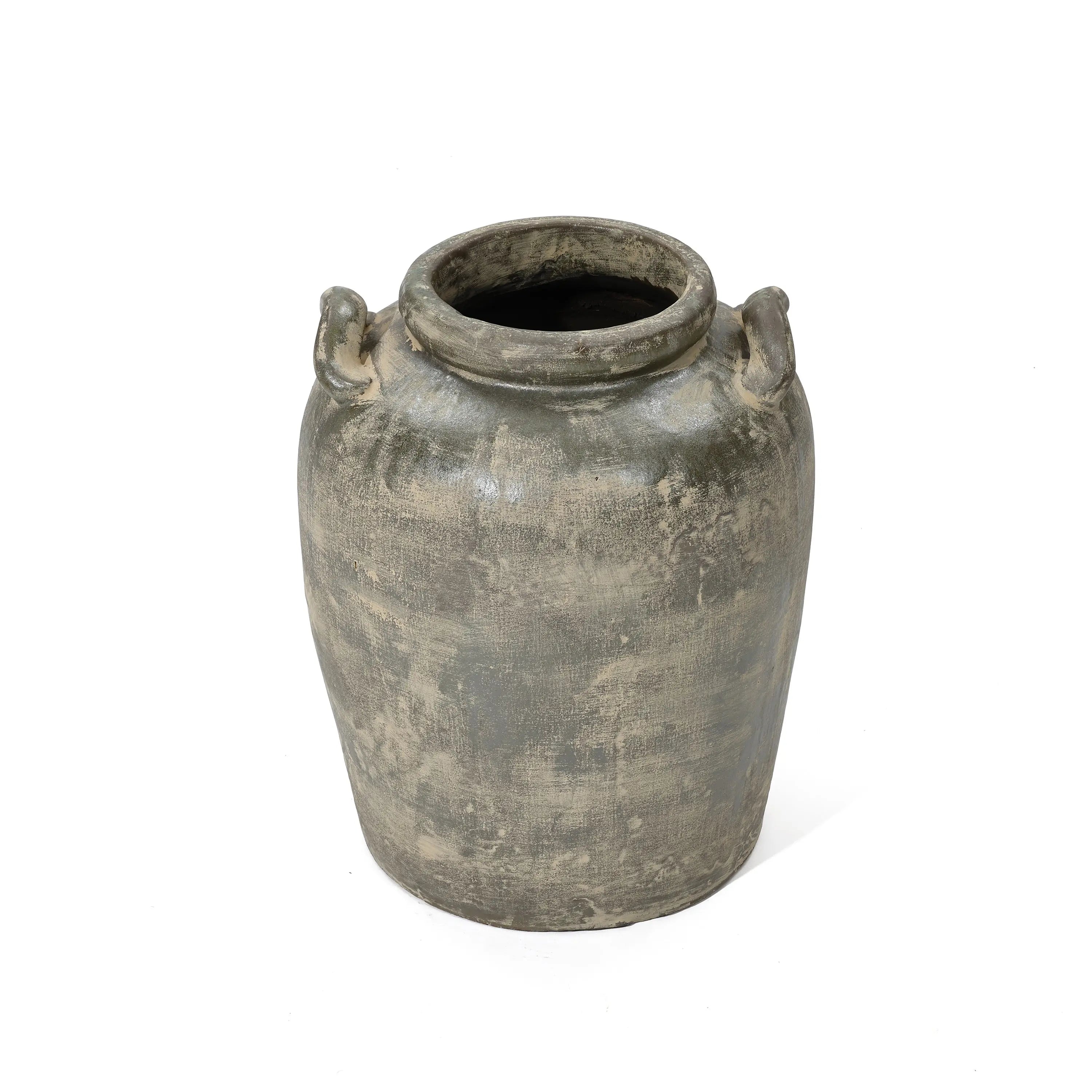 The Fou antique terracotta vase by LuxenHome features a weathered grayish-brown finish with a wide mouth, two small handles on opposite sides, and a textured surface for a rustic, artisanal look. It stands upright on a white background.