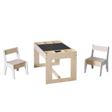 The LuxenHome Drawing and Activity Board Children Table Set features a simple, modern design with a wooden table and two chairs. It has a dark center panel, storage compartments on each side, and light wood chairs with white accents, perfect for kids activities.