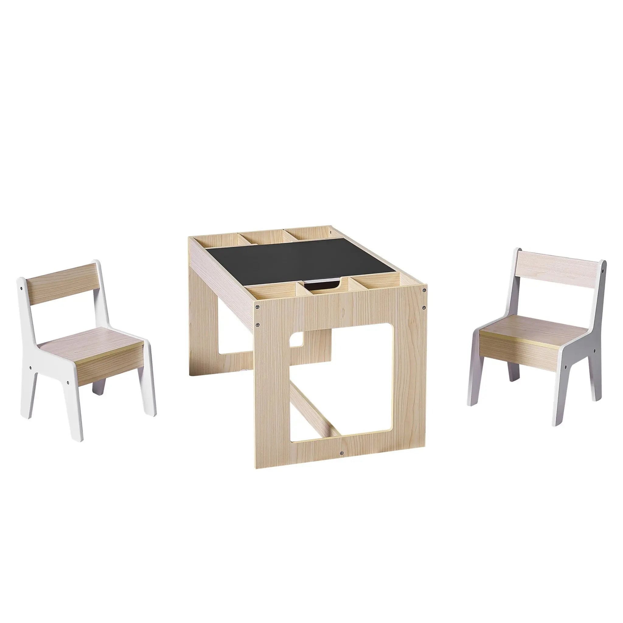 The LuxenHome Drawing and Activity Board Children Table Set features a simple, modern design with a wooden table and two chairs. It has a dark center panel, storage compartments on each side, and light wood chairs with white accents, perfect for kids activities.