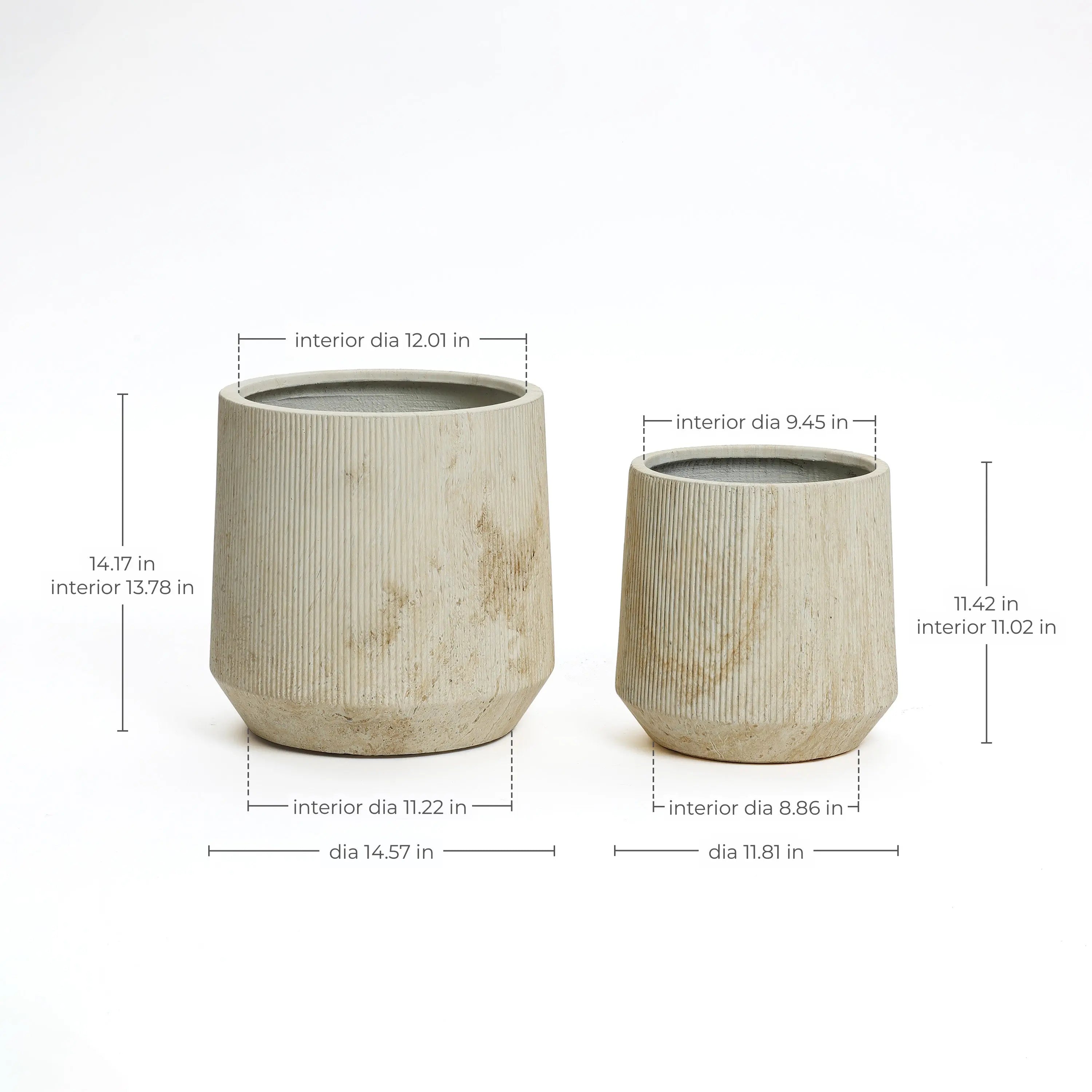 Two beige cylindrical pots with vertical ridges, perfect for any succulent garden. The larger marble planter stands at 14.17 inches tall and 14.57 inches in diameter, while the smaller one measures 11.42 inches in height and 11.81 inches across, ideal as indoor outdoor planters.