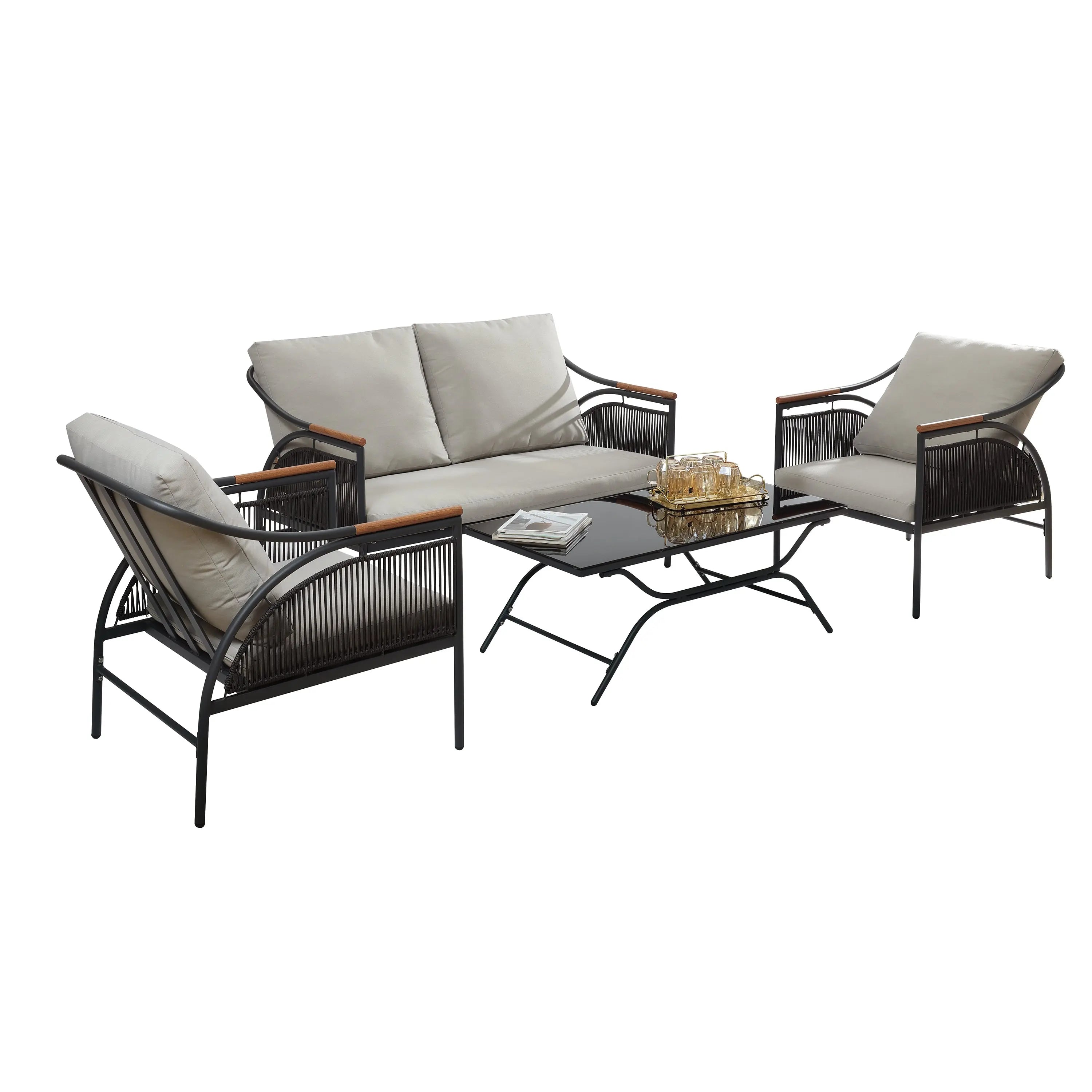 Outdoor seating set with a black metal frame and removable waterproof cushions, featuring a sofa, two chairs, and a rectangular glass-top table adorned with a tray of glasses.