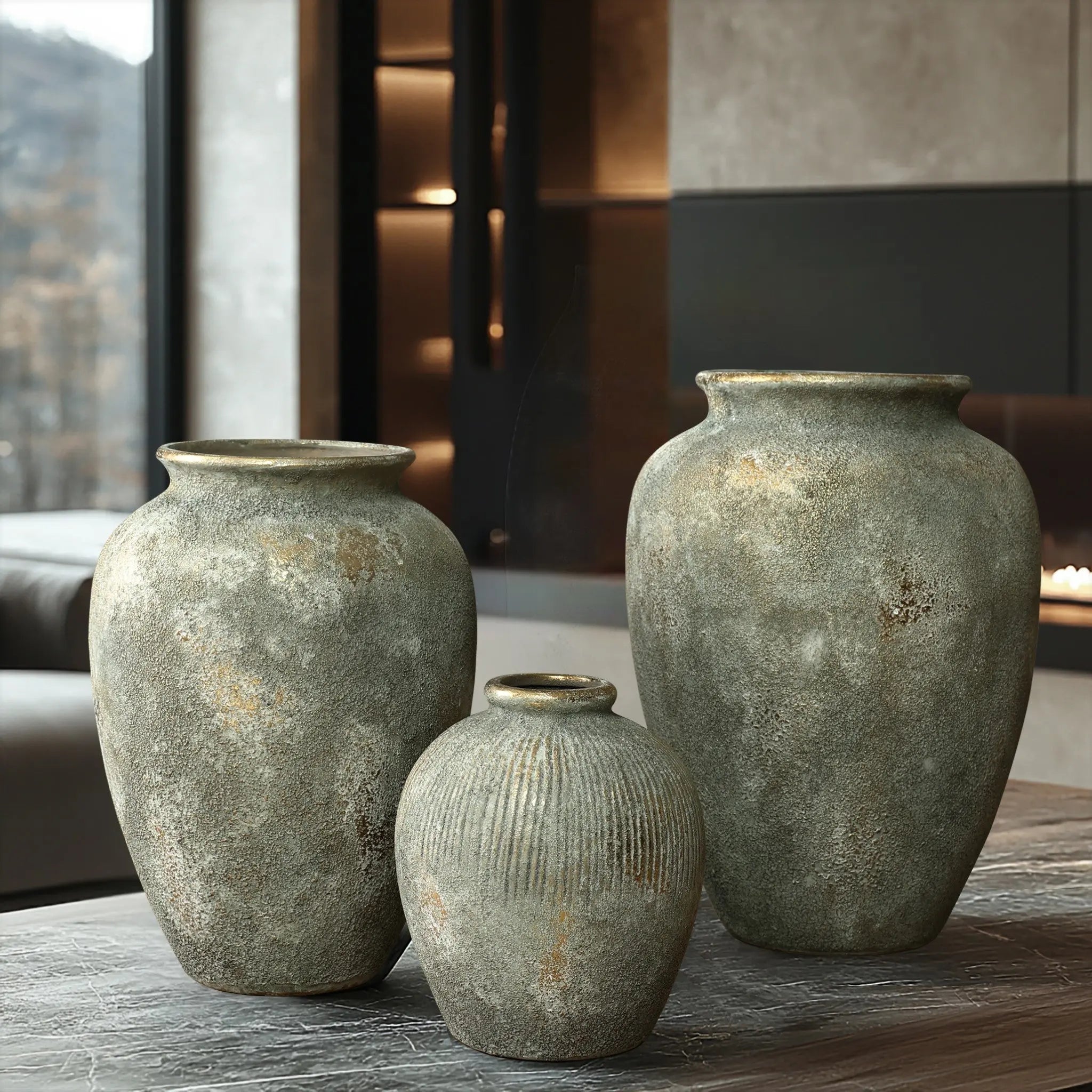 Displayed on a table in a modern interior setting, three large textured ceramic vases vary by size and feature an antique look. The charming scene includes a window and contemporary decor elements, highlighted by LuxenHomes rustic gold and brown terracotta bud vase, 8.7 h.