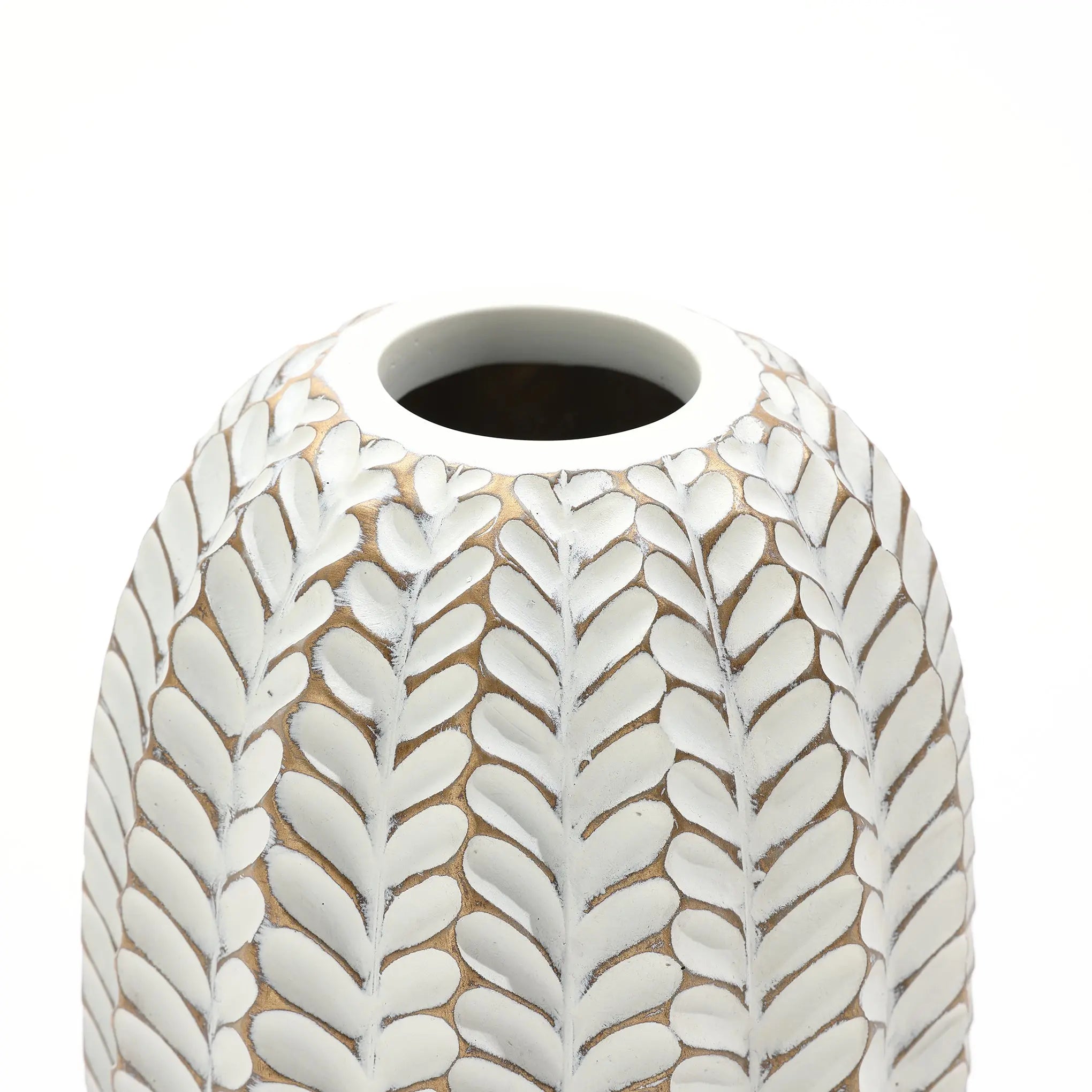 The LuxenHome Modern Geometric Pattern Resin Tall Vase, 13.5 h, features vertical leaf motifs with an antique effect on a soft tan backdrop and oval opening at the top, combining elegance and timeless charm.