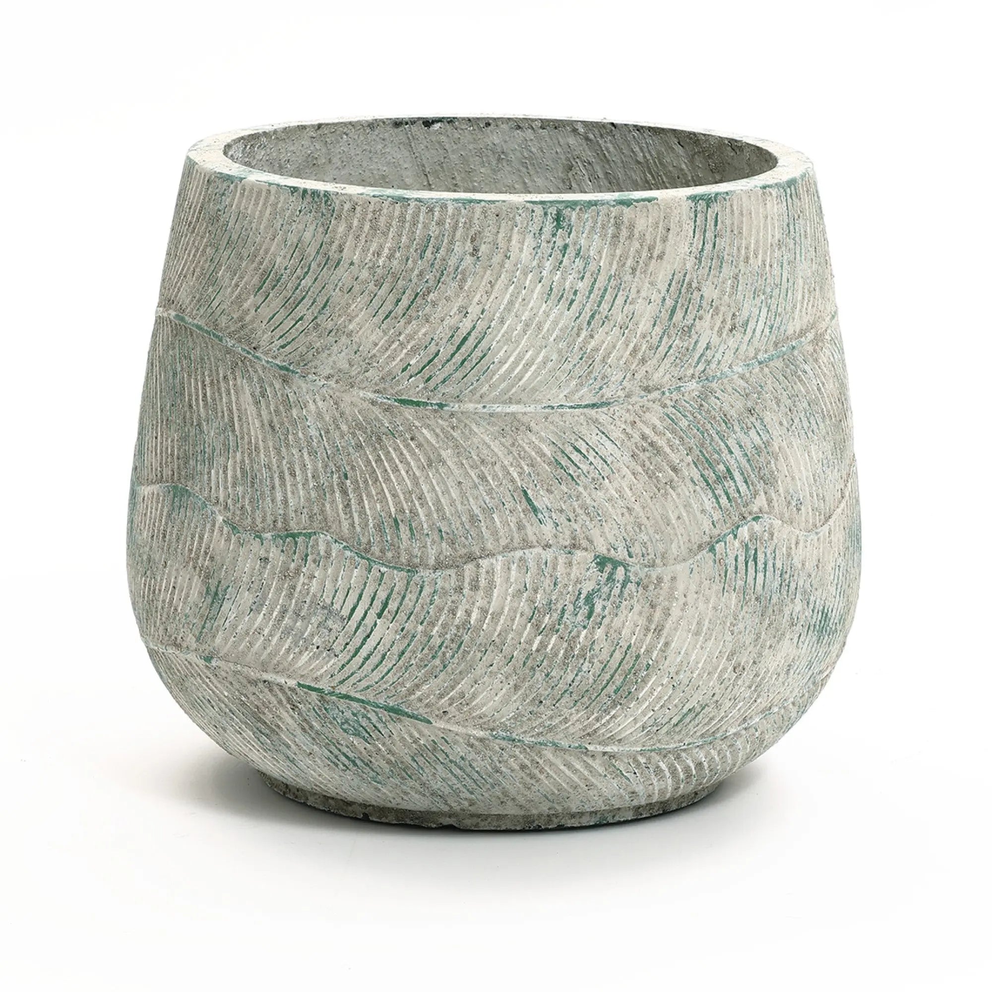 The LuxenHome Rustic Multi-Color Cement 18.3-Inch Round Planter has a textured, embossed wavy pattern in gray, with a slightly tapered top and smooth rim for durability.