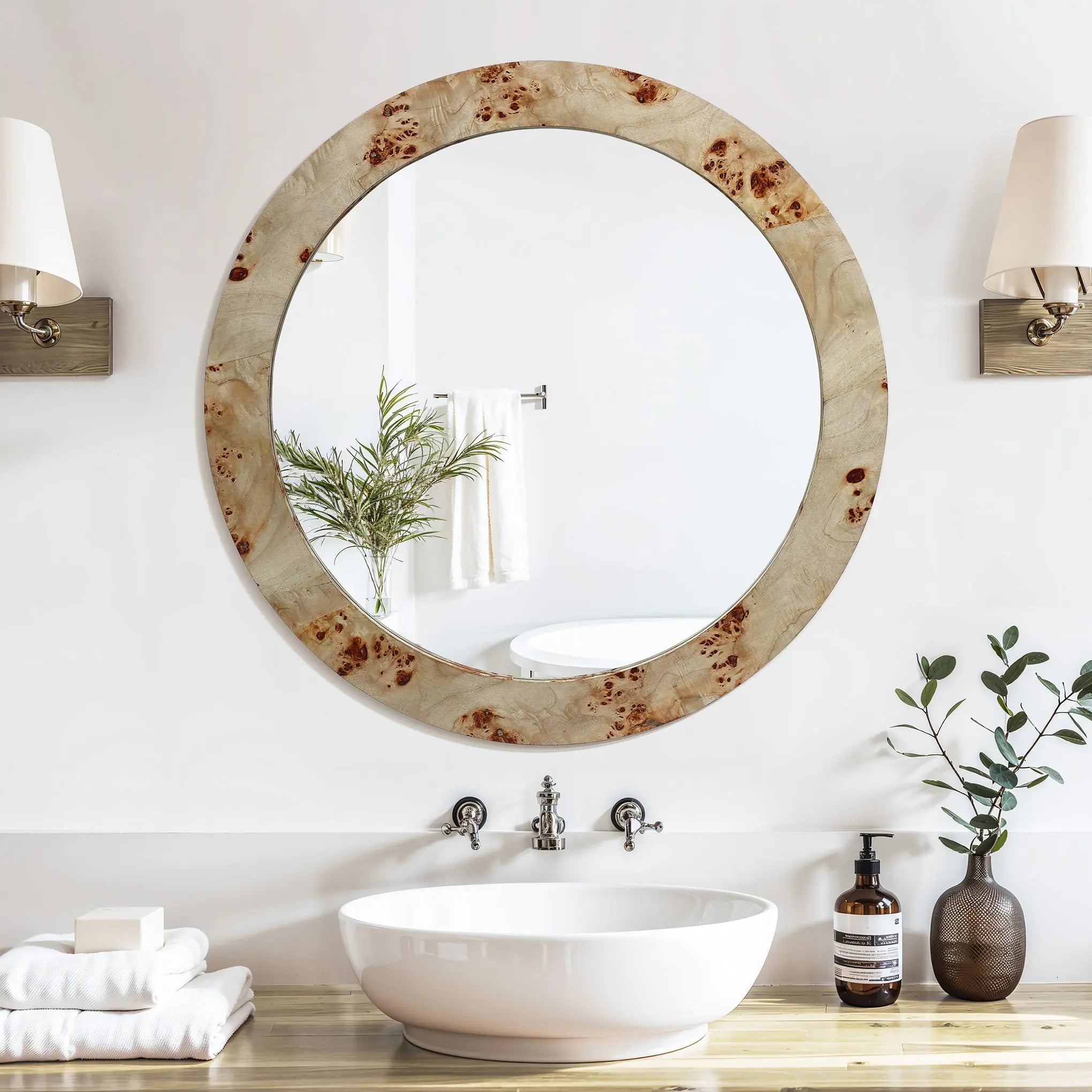 Round mirror with a burlywood MDF frame above a sink, flanked by two wall-mounted lights. A small plant, soap dispenser, and neatly folded towels rest on the wooden counter below.
