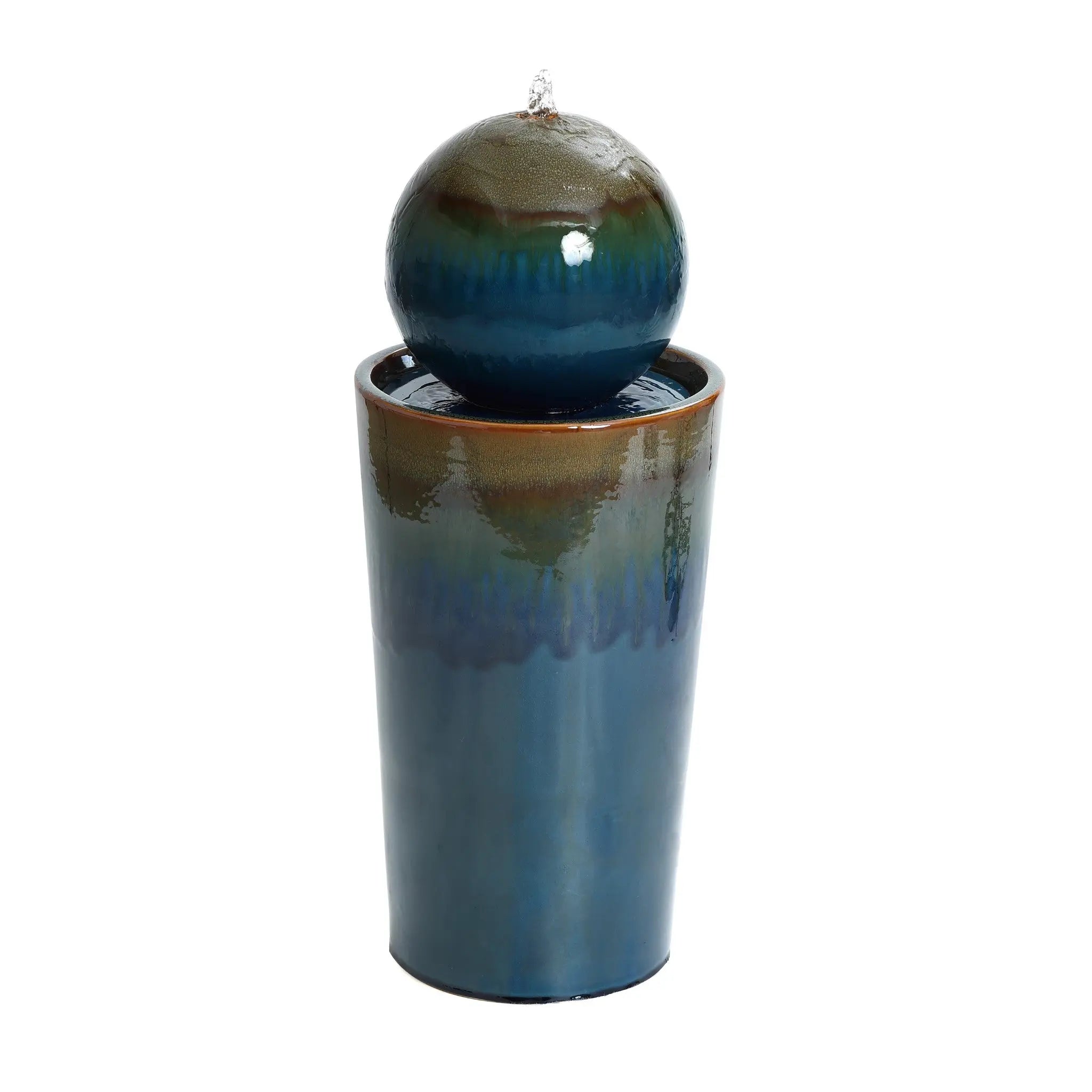 Glazed Blue and Brown Duo-Tone Sphere on Round Pillar Bubbler Ceramic Water Fountain - LuxenHome