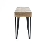 Rectangular wooden desk with an oak finish and black metal hairpin legs, shown from the front against a plain white background.