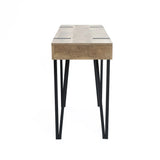 Rectangular wooden desk with an oak finish and black metal hairpin legs, shown from the front against a plain white background.