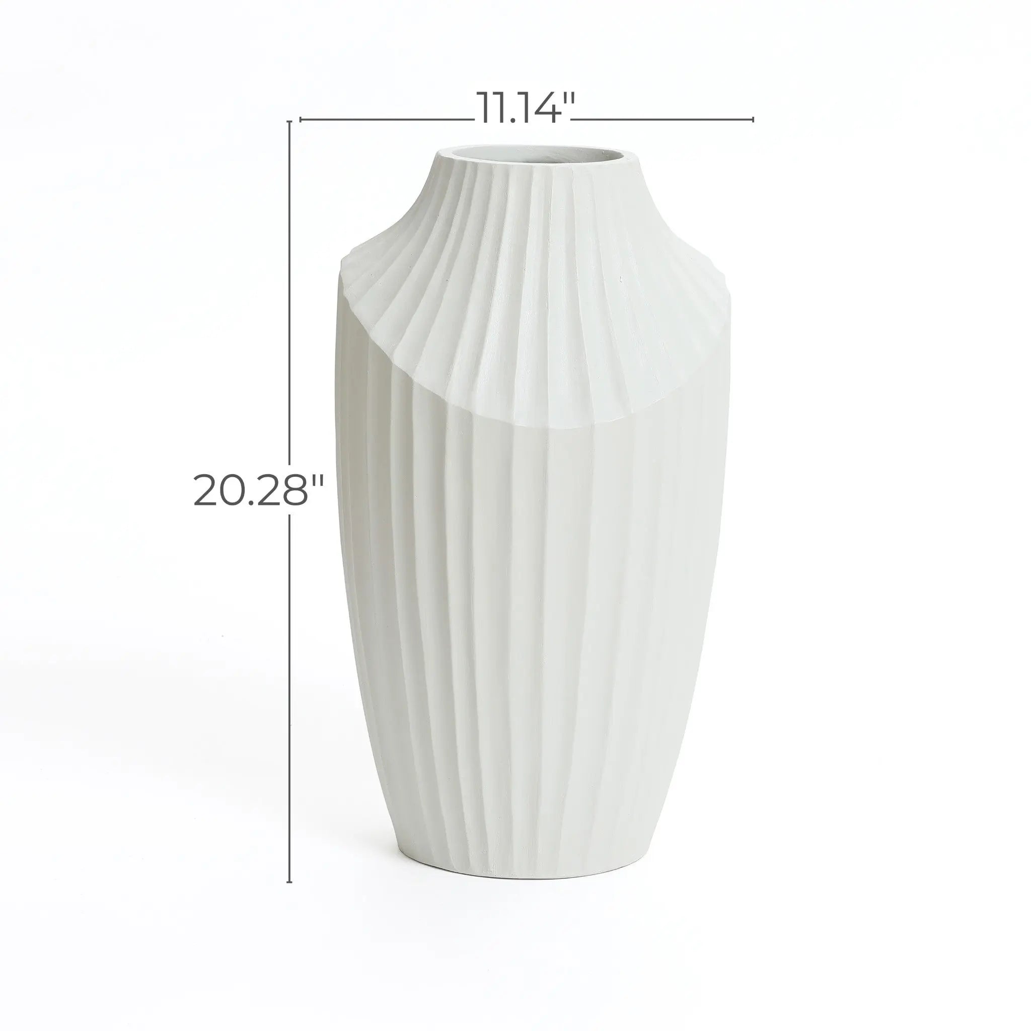 A white vase with a ribbed texture, resembling a modern abstract sculpture, stands elegantly against a plain background. Perfect as a decorative piece, its dimensions are marked: 20.28 inches tall and 11.14 inches wide, making it ideal for contemporary home decor.