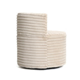 The LuxenHome Brie camel swivel barrel accent chair features a plush ribbed texture and a high, rounded backrest on a circular base. This upholstered piece offers modern style, ergonomic seating, and soft comfort.