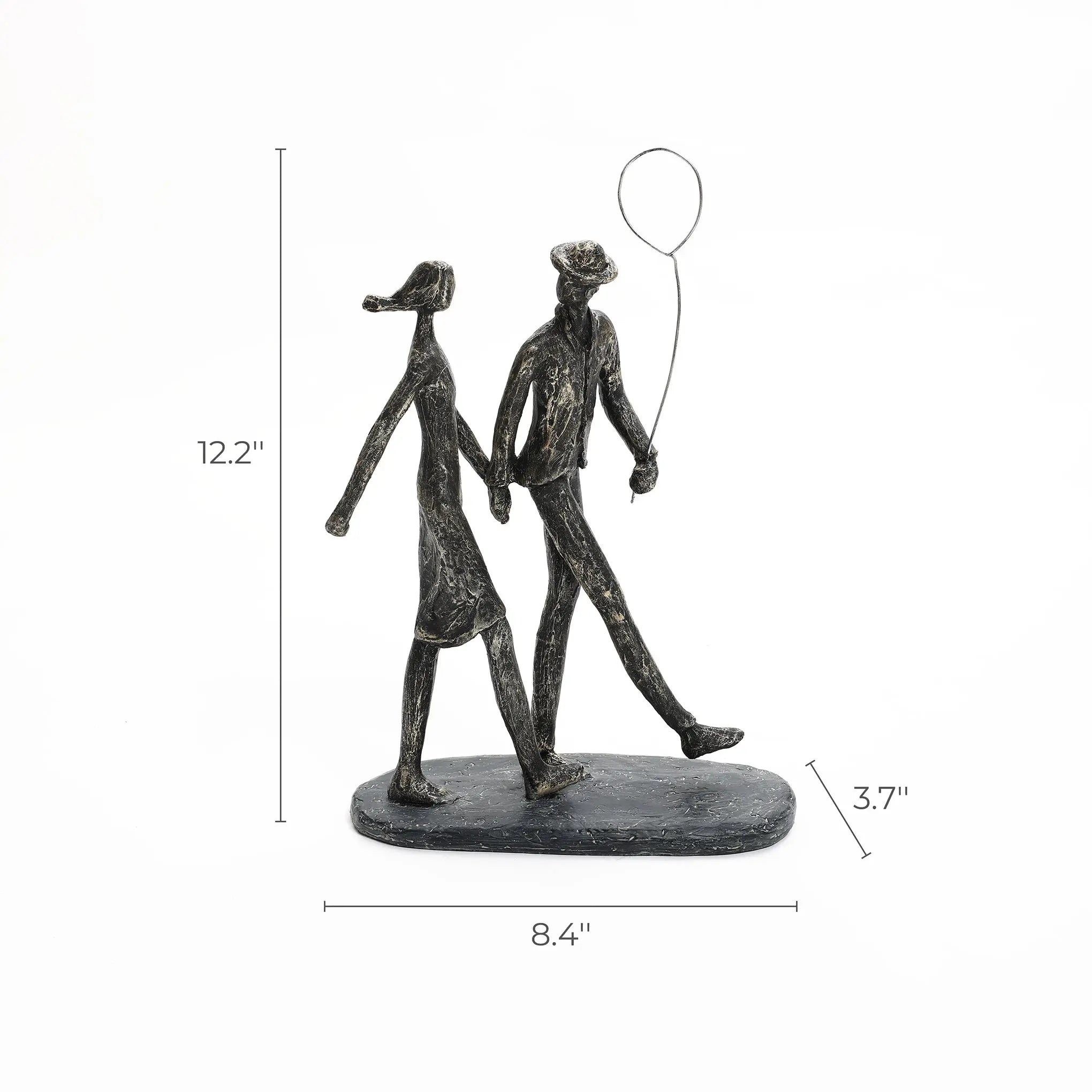 This modern resin bronze sculpture captures a couple walking arm in arm, with the man holding a balloon. Dimensions are 12.2 height, 8.4 width, and 3.7 depth, making it a charming home decoration piece.