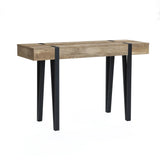 A modern farmhouse console table featuring a rectangular top crafted from high-quality manufactured wood with an oak finish and supported by four black metal legs, photographed against a white background.