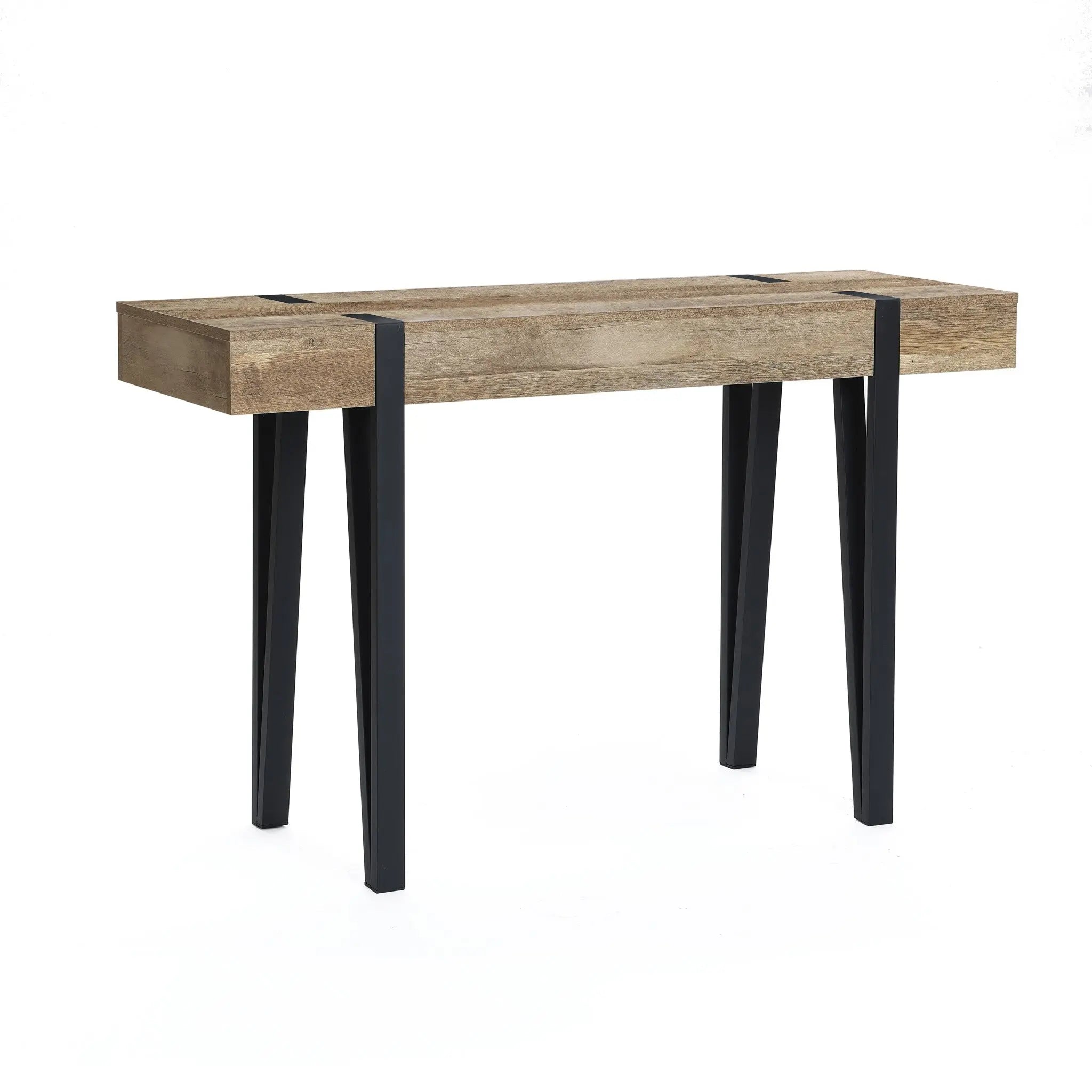 A modern farmhouse console table featuring a rectangular top crafted from high-quality manufactured wood with an oak finish and supported by four black metal legs, photographed against a white background.