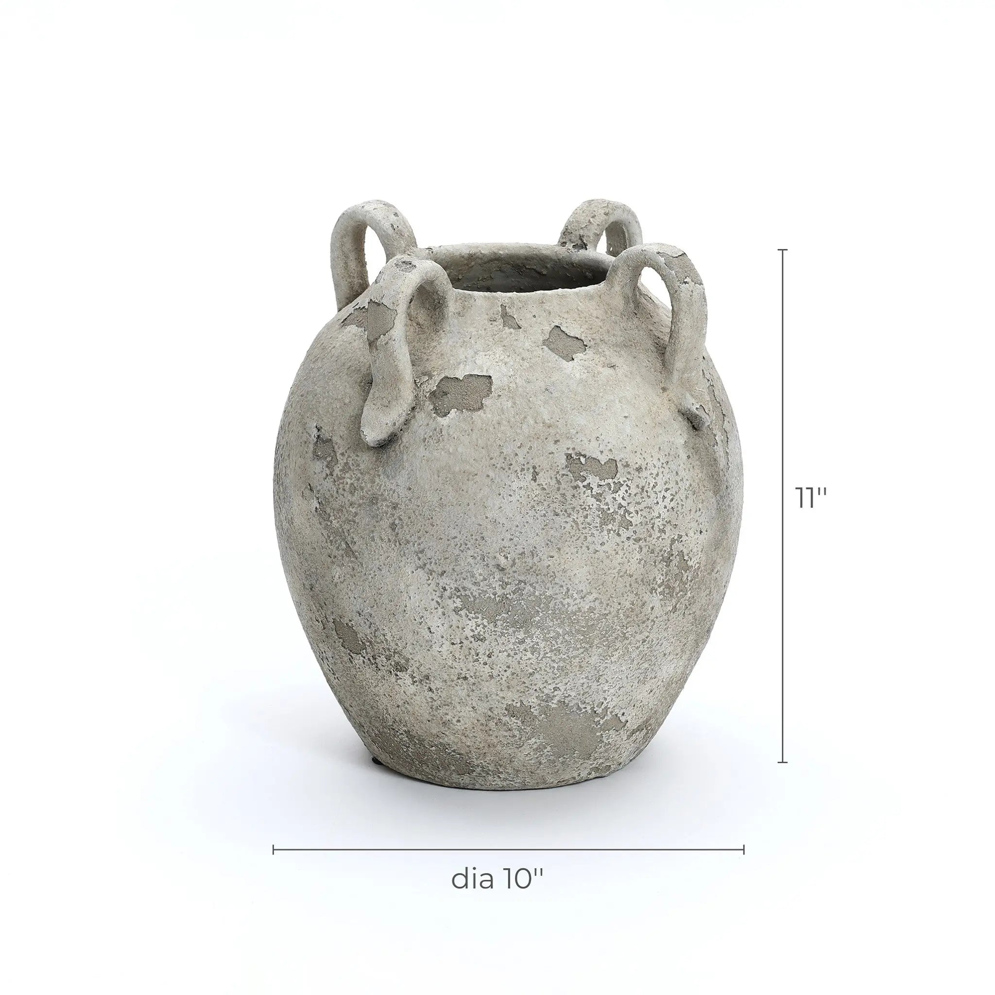 The LuxenHome rustic gray and white terracotta vase, featuring a contemporary weathered finish and four looped handles, stands 11 inches tall and embodies elegance.