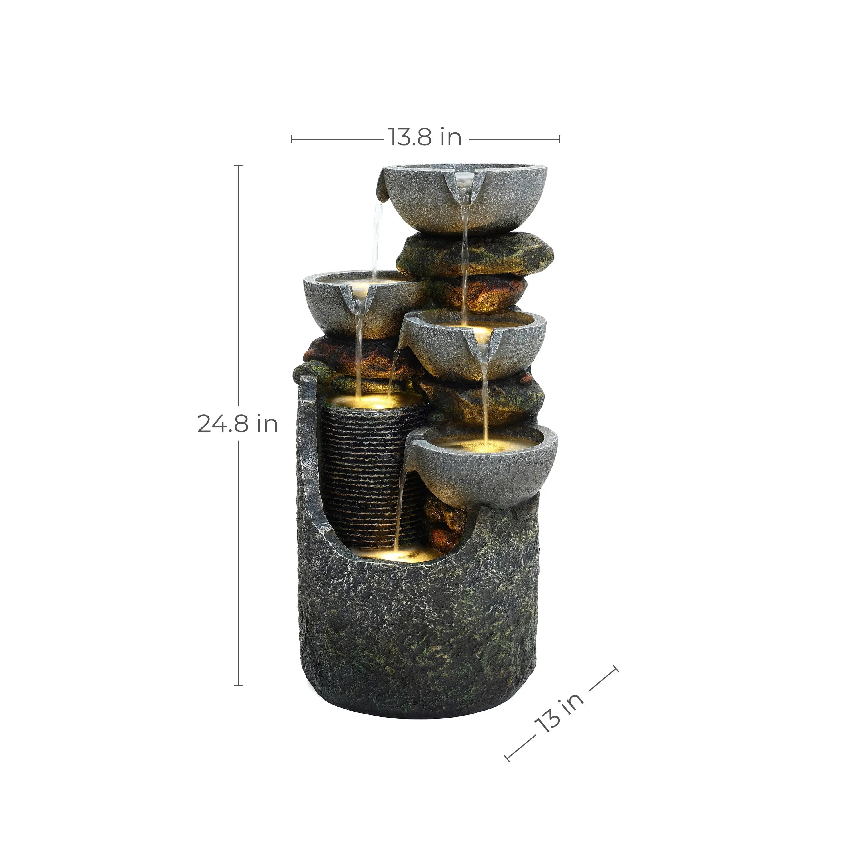 Gray 4-bowl and 5-tier polyresin outdoor water fountain with lights - LuxenHome